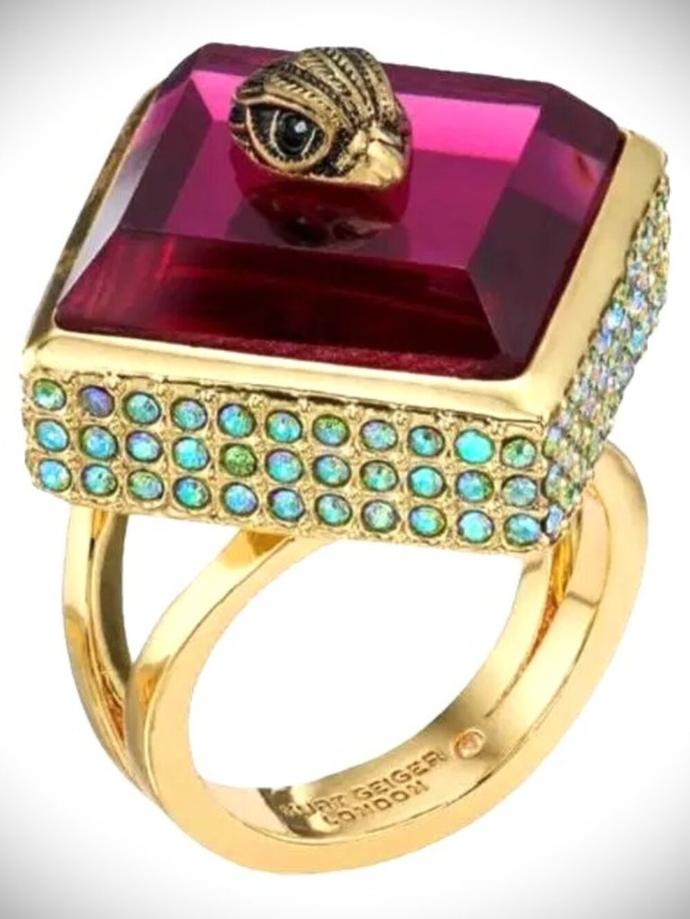 NWT Kurt Geiger London Square Stone Eagle Head Cocktail Ring 7.5 Pink